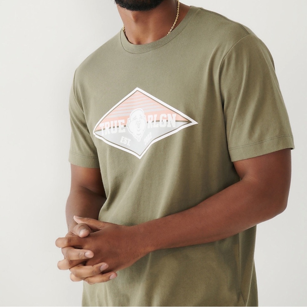 New True Religion Buddha Face Logo Olive Green Tee Size XL